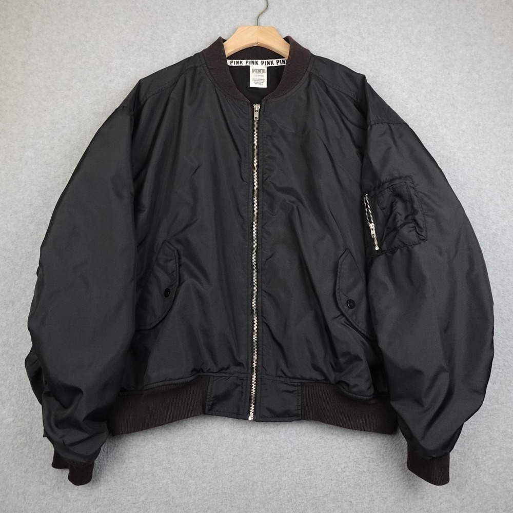 PINK Victorias Secret Jacket Womens Large Black Ruched Sleeve Varsity Bomber